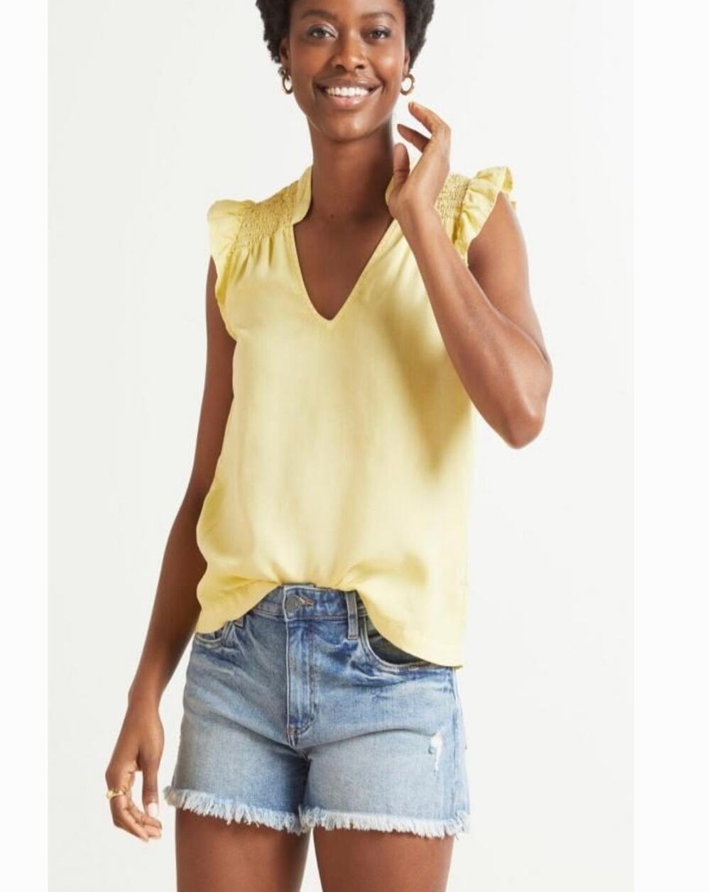 CLOTH & STONE Flocked Flutter Sleeve Blouse Top Yellow Women Medium